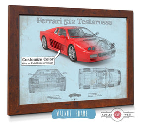 20" x 16" / Walnut Frame Cutler West Ferrari 512 Testarossa Blueprint Vintage Auto Print