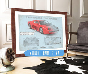 20" x 16" / Walnut Frame & Mat Cutler West Ferrari 512 Testarossa Blueprint Vintage Auto Print