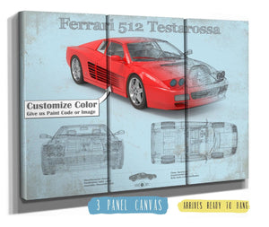 36" x 24" / 3 Panel Canvas Wrap Cutler West Ferrari 512 Testarossa Blueprint Vintage Auto Print