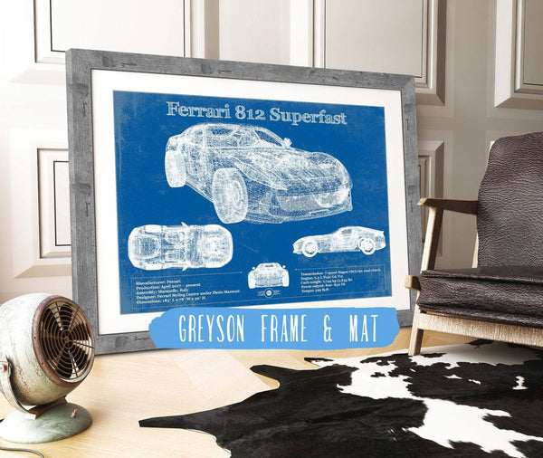 14" x 11" / Greyson Frame & Mat Cutler West Ferrari 812 Superfast Blueprint Vintage Auto Print
