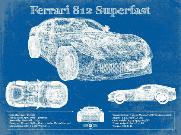 14" x 11" / Unframed Cutler West Ferrari 812 Superfast Blueprint Vintage Auto Print