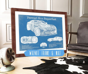 20" x 16" / Walnut Frame & Mat Cutler West Ferrari 812 Superfast Blueprint Vintage Auto Print