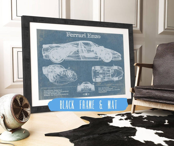 20" x 16" / Black Frame & Mat Cutler West Ferrari Enzo Blueprint Vintage Auto Print