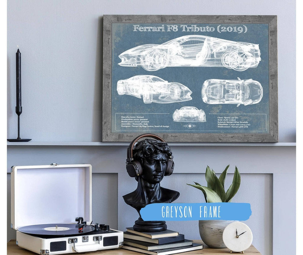14" x 11" / Stretched Canvas Wrap Cutler West Ferrari F8 Tributo (2019) Blueprint Vintage Auto Print