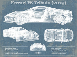14" x 11" / Unframed Cutler West Ferrari F8 Tributo (2019) Blueprint Vintage Auto Print