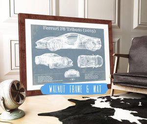 20" x 16" / Walnut Frame & Mat Cutler West Ferrari F8 Tributo (2019) Blueprint Vintage Auto Print