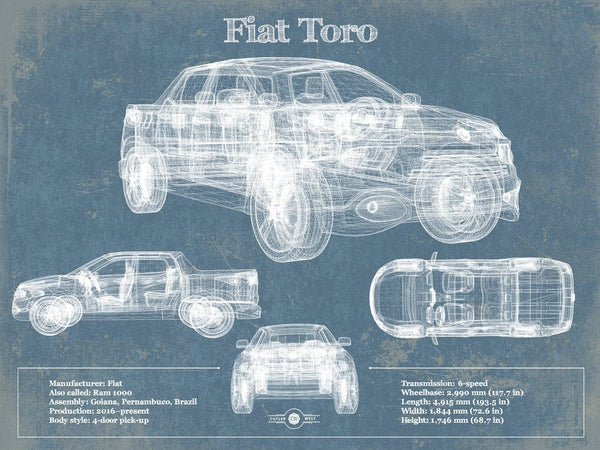14" x 11" / Unframed Cutler West Fiat Toro Vintage Blueprint Auto Print