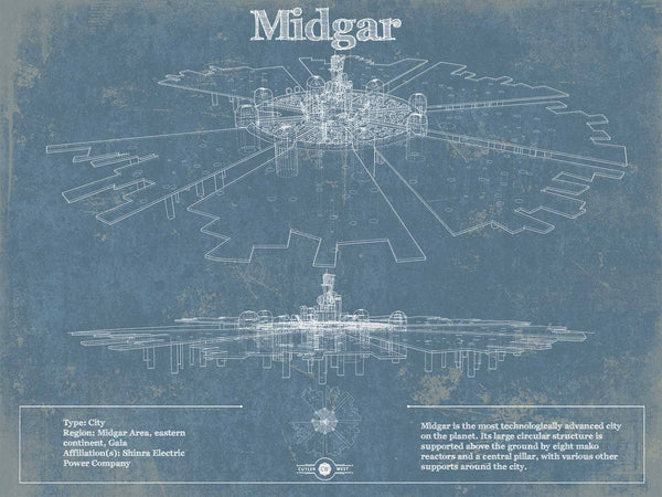 14" x 11" / Unframed Cutler West Final Fantasy Midgar Blueprint
