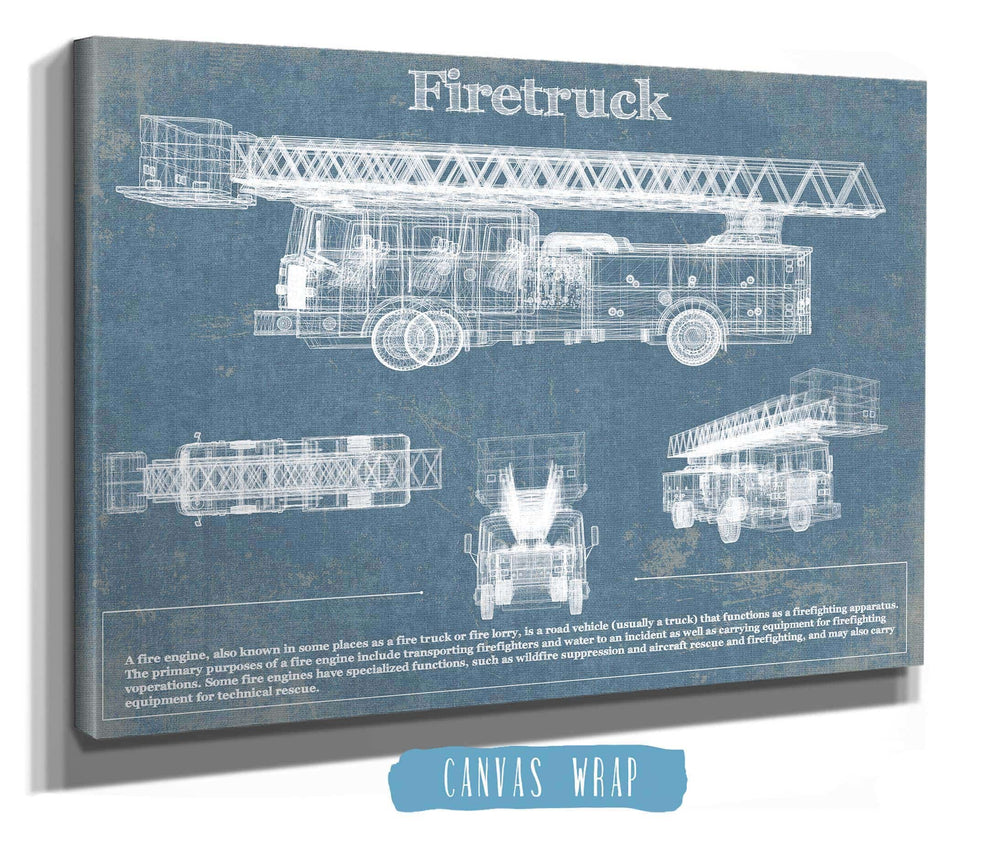 14" x 11" / Stretched Canvas Wrap Cutler West Fire Truck Vintage Blueprint Auto Print