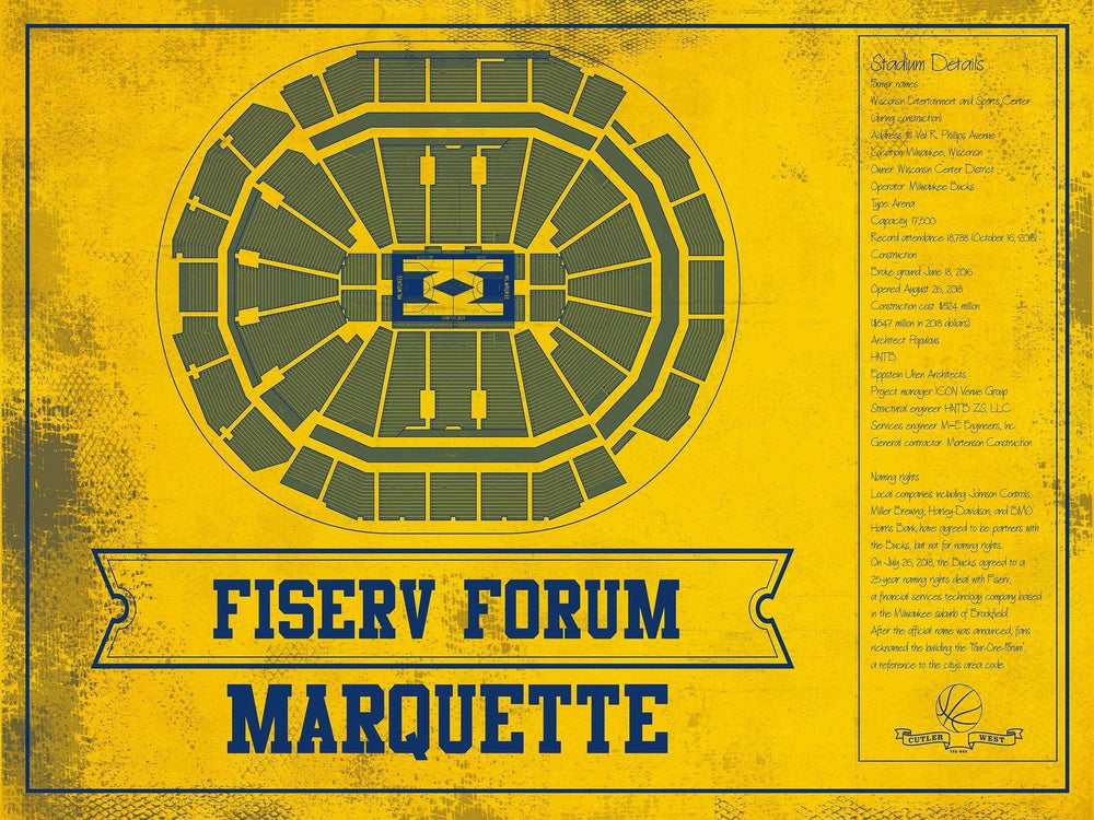 14" x 11" / Stretched Canvas Wrap Cutler West Fiserv Forum Marquette Golden Eagles Team Colors NCAA Vintage Art Print