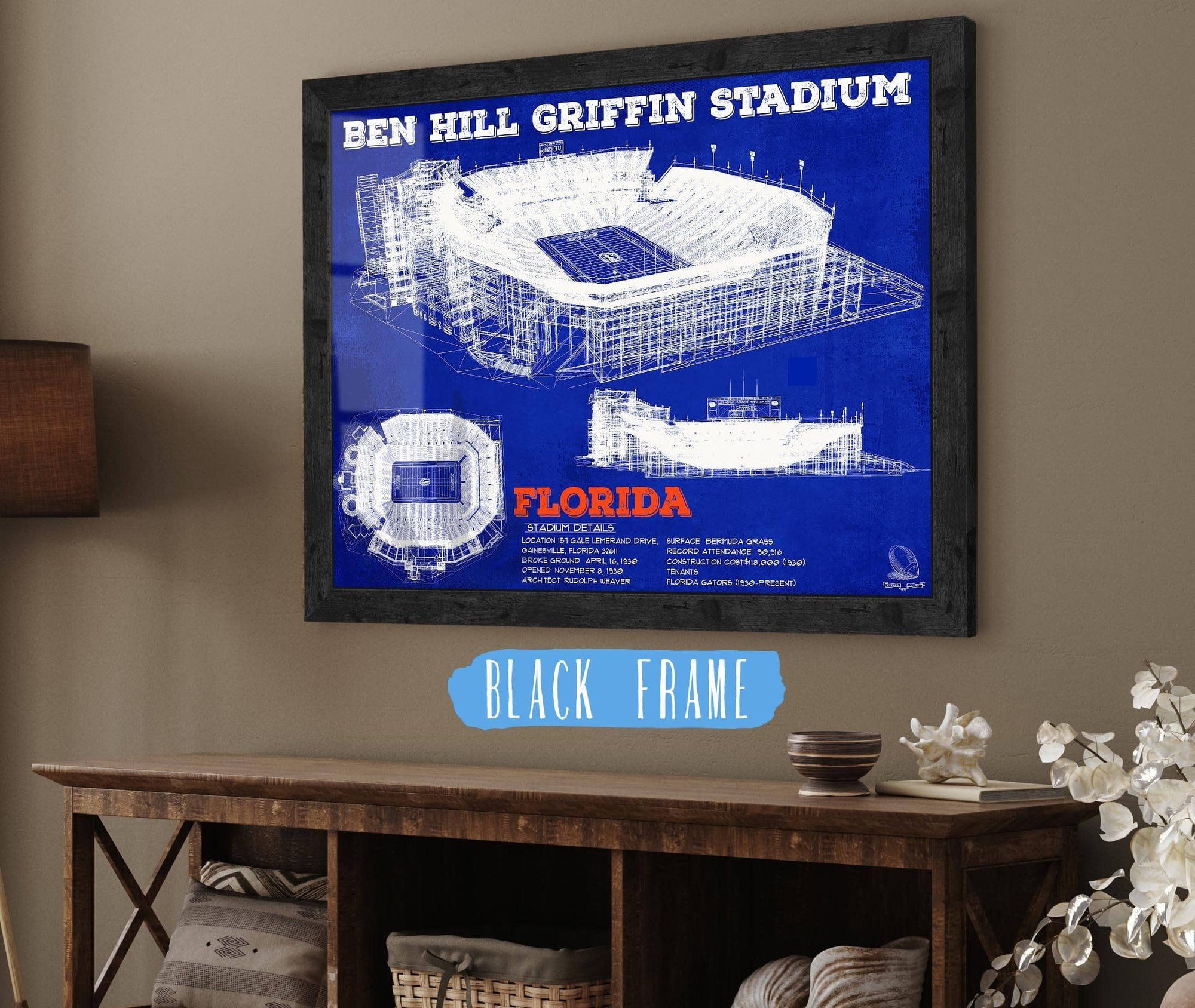 Cutler West Best Selling Collection 14" x 11" / Black Frame Ben Hill Griffin Stadium Art - University of Florida Gators Vintage Stadium & Blueprint Art Print 639922002-TOP_60090