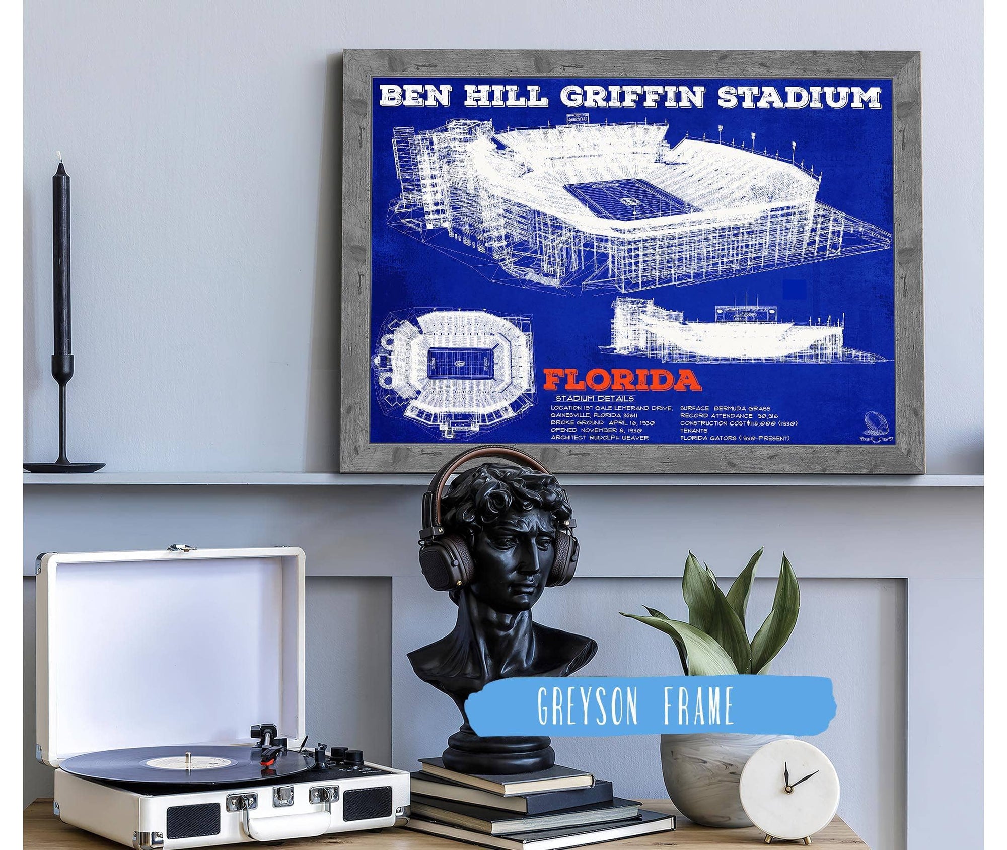 Cutler West Best Selling Collection 14" x 11" / Greyson Frame Ben Hill Griffin Stadium Art - University of Florida Gators Vintage Stadium & Blueprint Art Print 639922002-TOP_60096