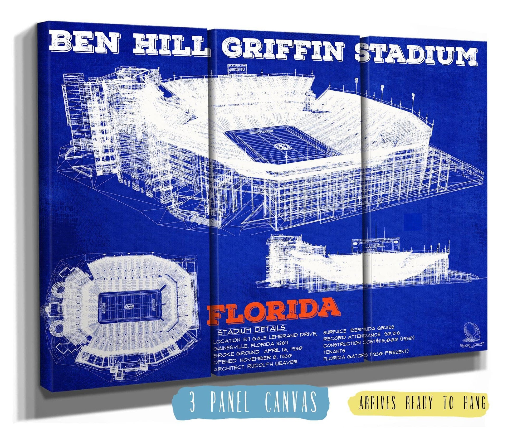 Cutler West Best Selling Collection 48" x 32" / 3 Panel Canvas Wrap Ben Hill Griffin Stadium Art - University of Florida Gators Vintage Stadium & Blueprint Art Print 639922002-TOP_60139
