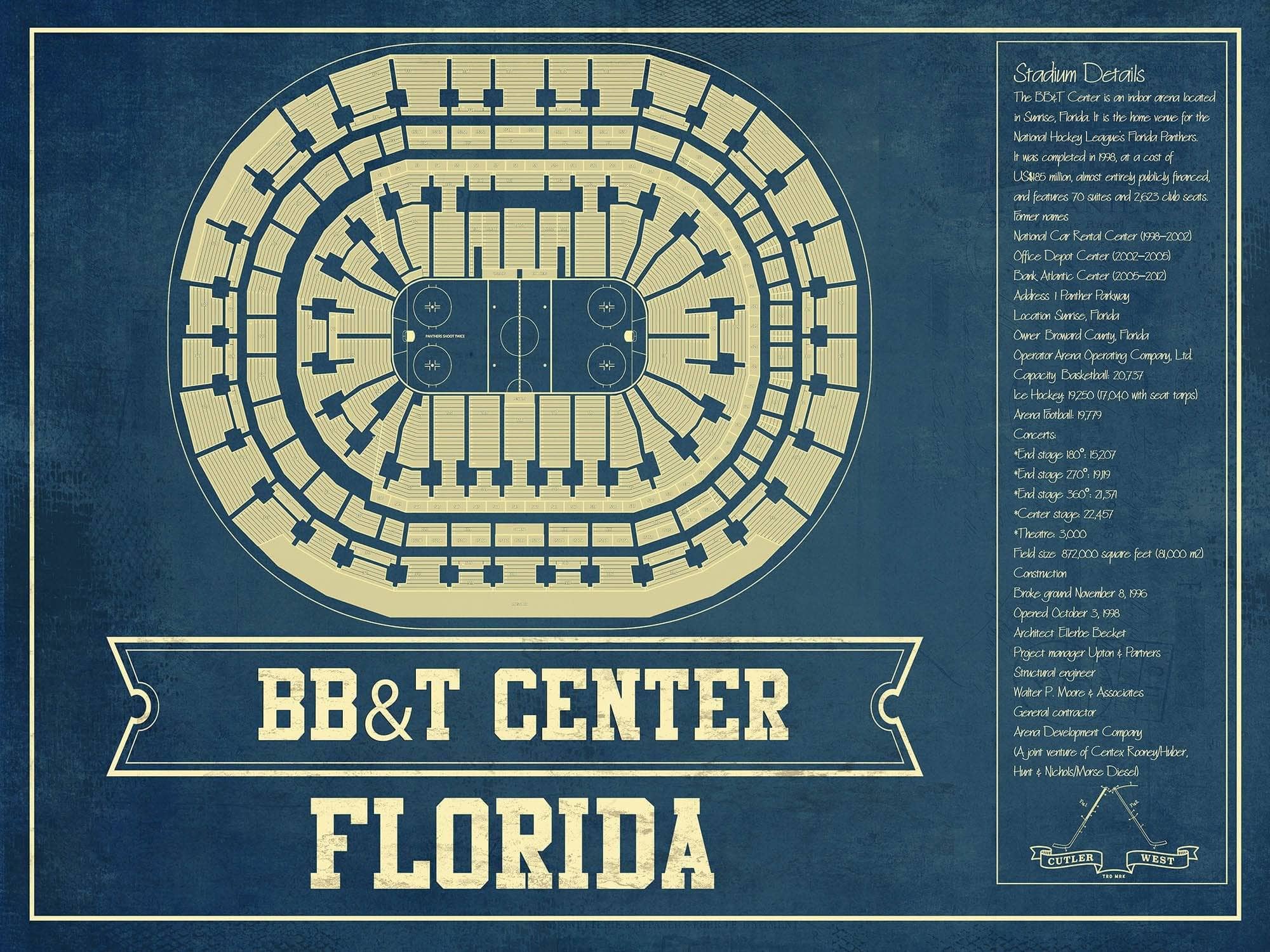 Cutler West 14" x 11" / Unframed Florida Panthers BB&T Center Seating Chart - Vintage Hockey Print 659981334_79731
