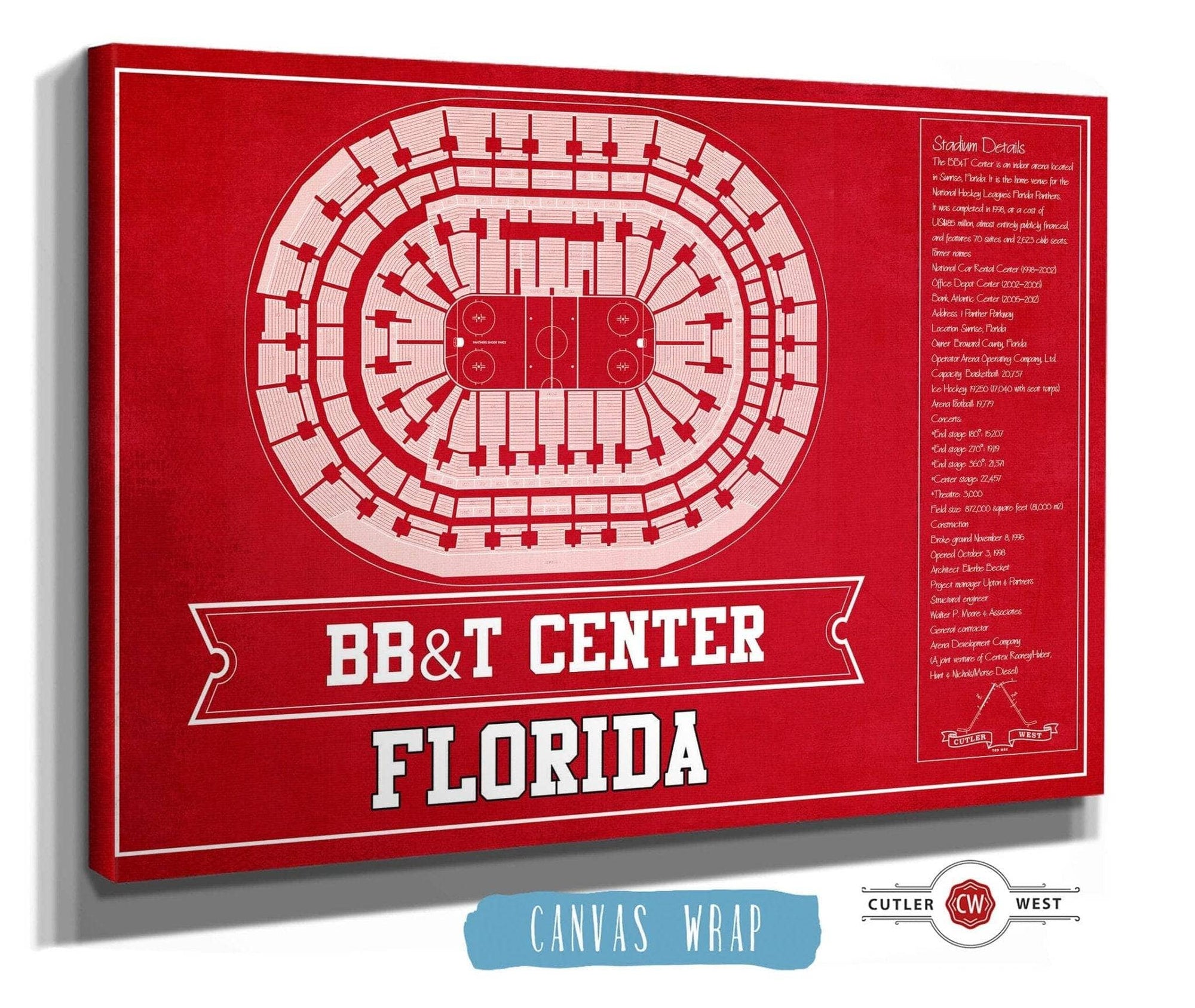 Cutler West 14" x 11" / Stretched Canvas Wrap Florida Panthers BB&T Center Seating Chart - Vintage Hockey Team Color Print 659981334-TEAM