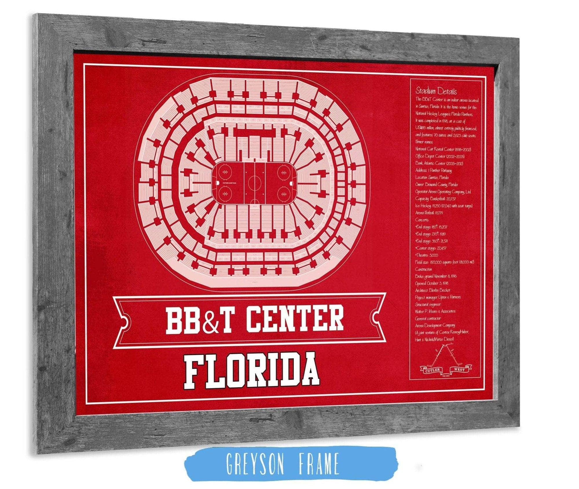 Cutler West 14" x 11" / Greyson Frame Florida Panthers BB&T Center Seating Chart - Vintage Hockey Team Color Print 659981334-TEAM