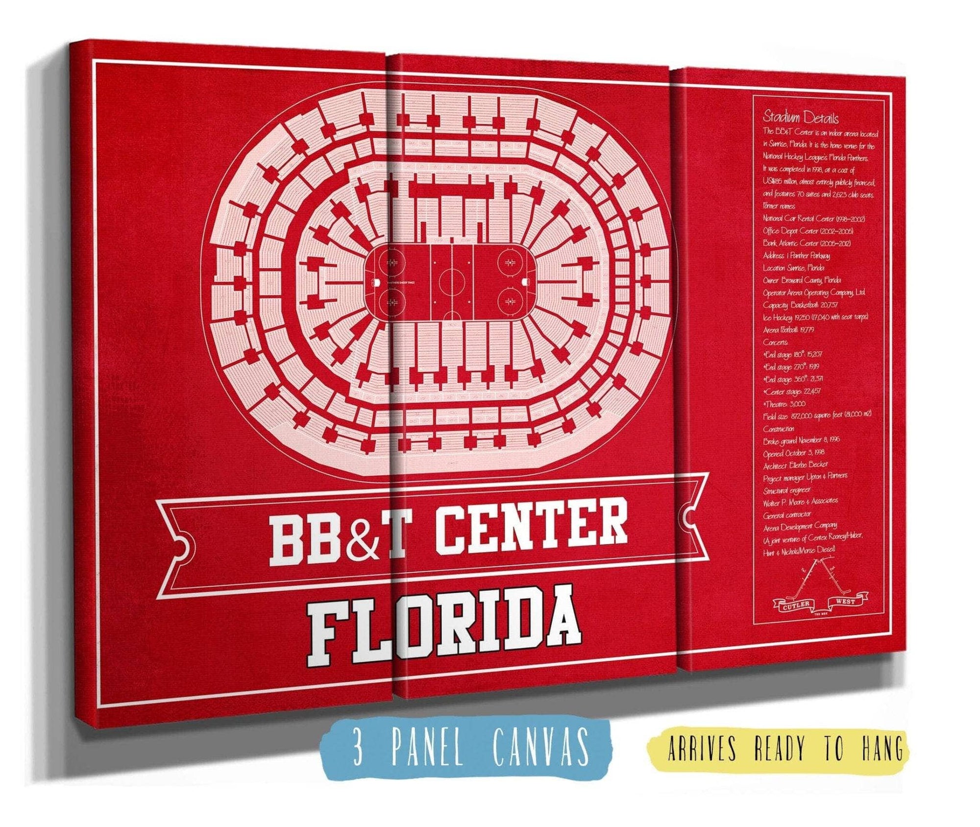 Cutler West 48" x 32" / 3 Panel Canvas Wrap Florida Panthers BB&T Center Seating Chart - Vintage Hockey Team Color Print 659981334-TEAM