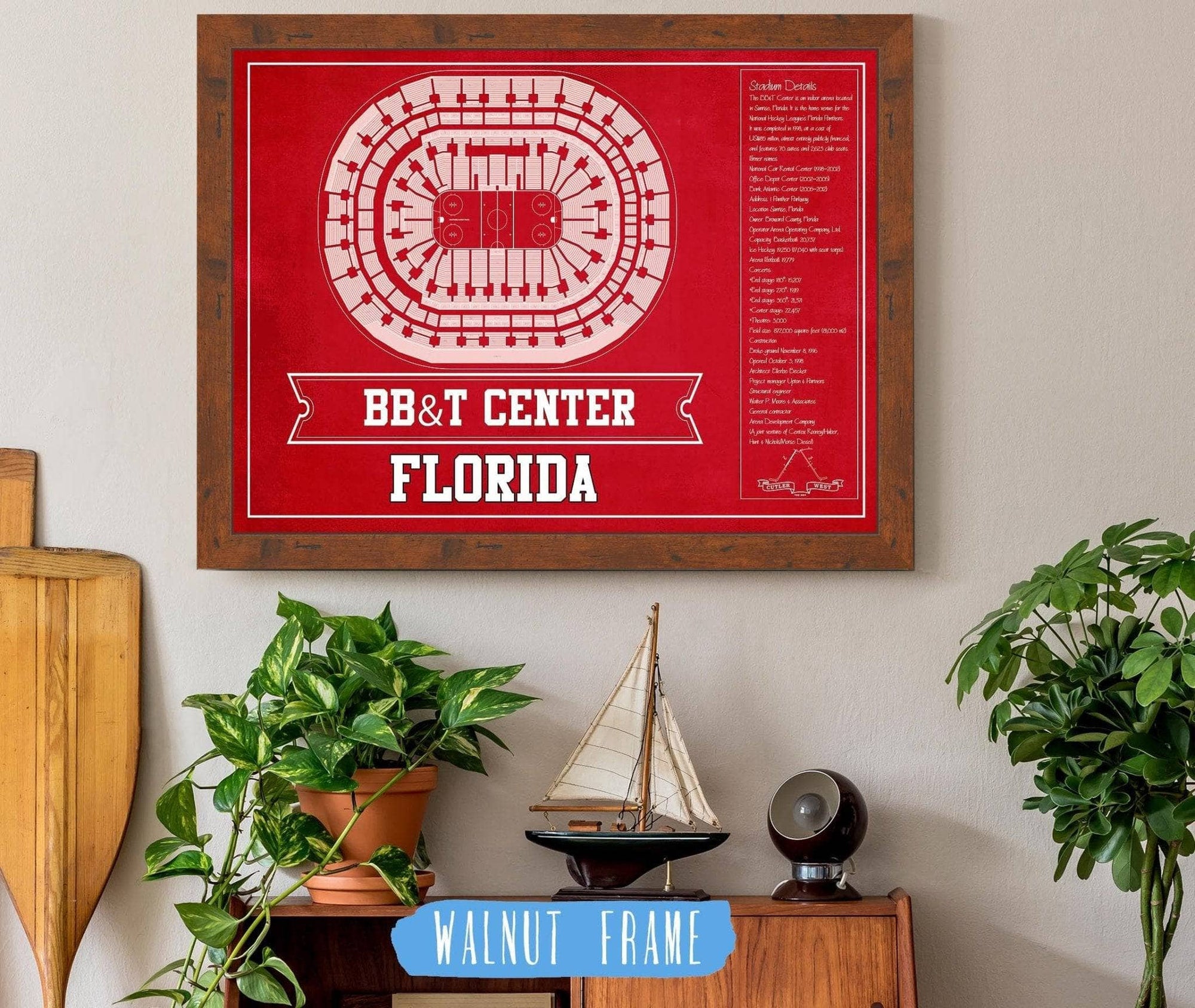 Cutler West 14" x 11" / Walnut Frame Florida Panthers BB&T Center Seating Chart - Vintage Hockey Team Color Print 659981334-TEAM
