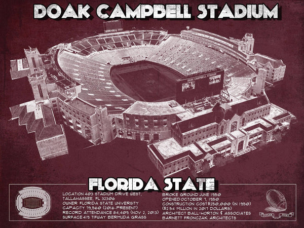14" x 11" / Unframed Cutler West Florida State Seminoles - Doak Campbell Stadium Vintage FSU College Football Art Print