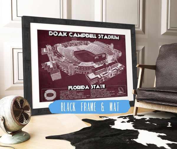 20" x 16" / Black Frame & Mat Cutler West Florida State Seminoles - Doak Campbell Stadium Vintage FSU College Football Art Print