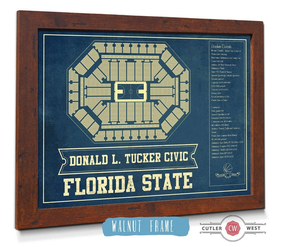 20" x 16" / Walnut Frame Cutler West Florida State Seminoles (Men) (Women) (NCAA) Donald L. Tucker Civic Center Vintage College Basketball Blueprint