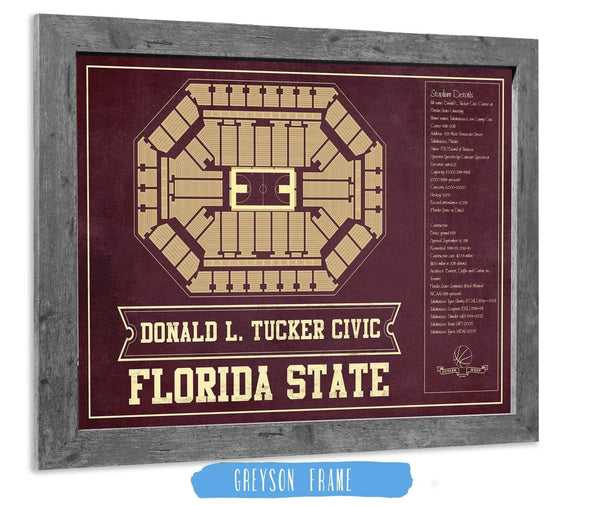 14" x 11" / Greyson Frame Cutler West Florida State Seminoles (Men) (Women) (NCAA) Team Colors Donald L. Tucker Civic Center Vintage College Basketball Blueprint
