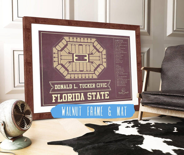 20" x 16" / Walnut Frame & Mat Cutler West Florida State Seminoles (Men) (Women) (NCAA) Team Colors Donald L. Tucker Civic Center Vintage College Basketball Blueprint