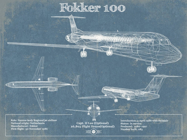 14" x 11" / Unframed Cutler West Fokker 100 Jet Wall Art