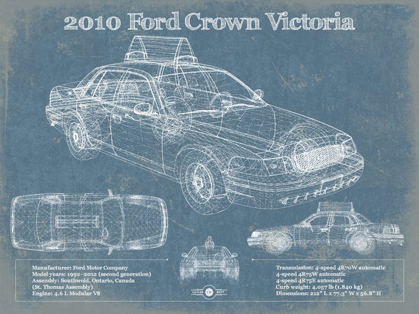14" x 11" / Unframed Cutler West Ford Crown Victoria New York Taxi Blueprint Vintage Auto Print