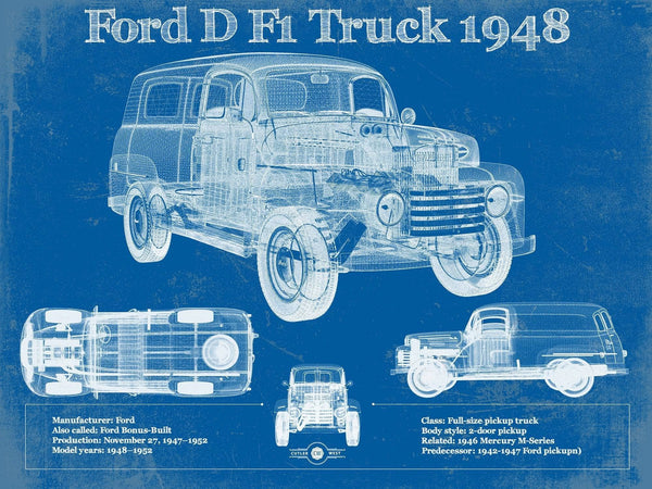 14" x 11" / Unframed Cutler West Ford D F1 1948 Truck Vintage Blueprint Auto Print