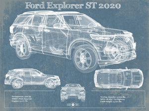 14" x 11" / Unframed Cutler West Ford Explorer ST 2020 Vintage Blueprint Auto Print