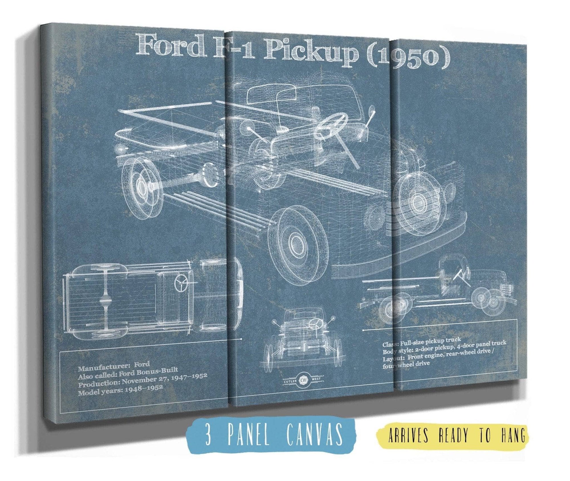Cutler West Ford Collection 48" x 32" / 3 Panel Canvas Wrap Ford F-1 Pickup 1950 Vintage Blueprint Truck Print 845000188_55057