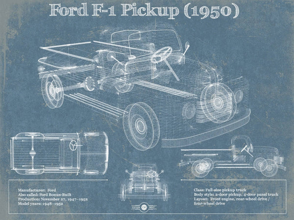 14" x 11" / Unframed Cutler West Ford F-1 Pickup 1950 Vintage Blueprint Truck Print