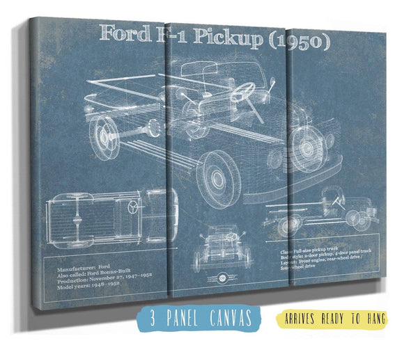 36" x 24" / 3 Panel Canvas Wrap Cutler West Ford F-1 Pickup 1950 Vintage Blueprint Truck Print