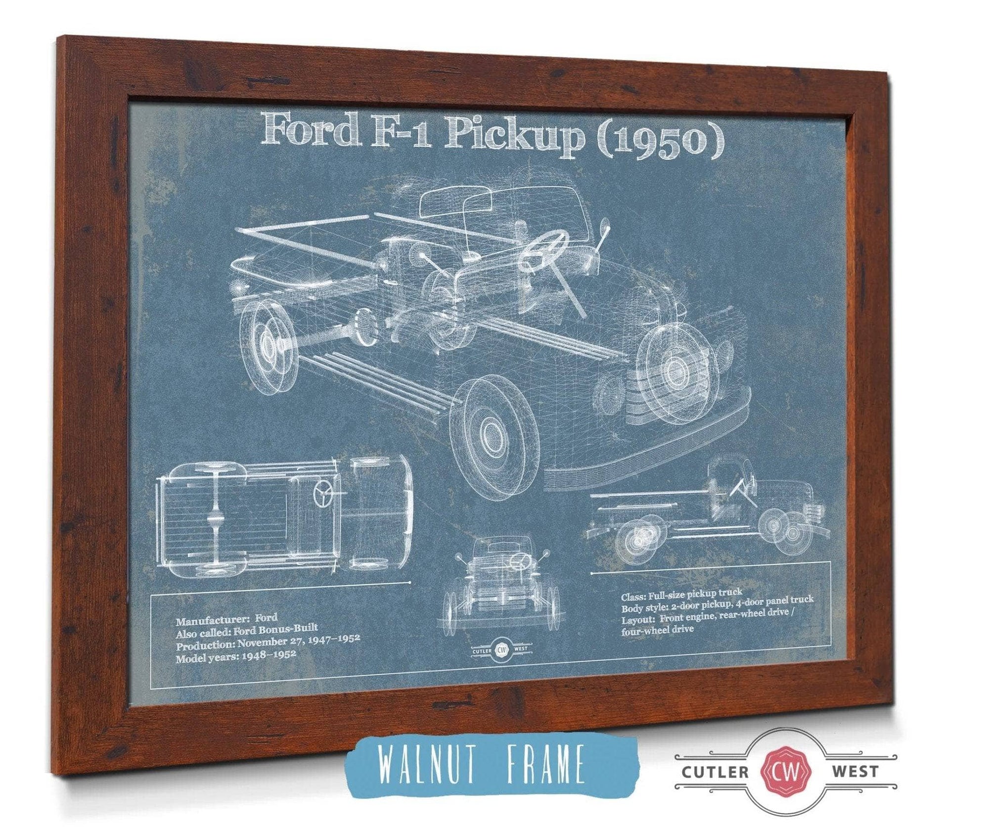 Cutler West Ford Collection 14" x 11" / Walnut Frame Ford F-1 Pickup 1950 Vintage Blueprint Truck Print 845000188_55010