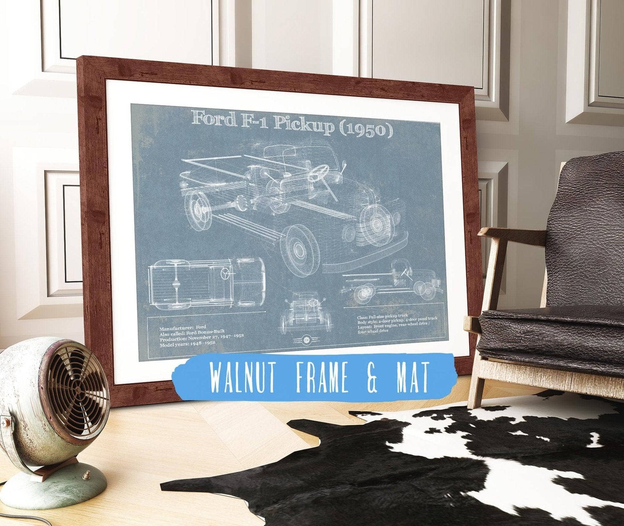 Cutler West Ford Collection 14" x 11" / Walnut Frame & Mat Ford F-1 Pickup 1950 Vintage Blueprint Truck Print 845000188_55011
