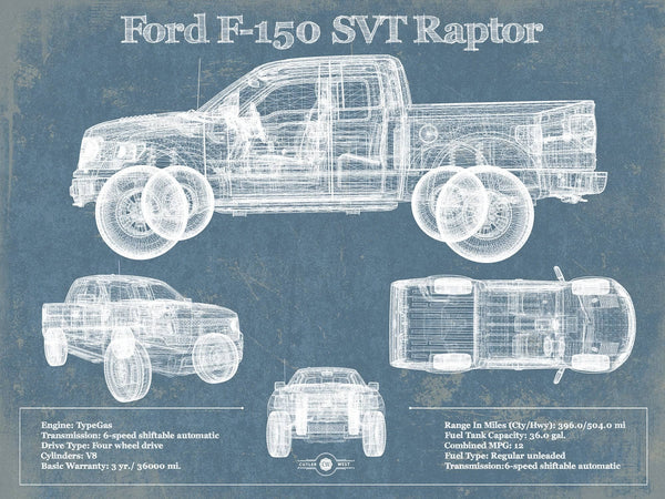 14" x 11" / Unframed Cutler West Ford F-150 SVT Raptor Truck Vintage Blueprint Auto Print (2011)