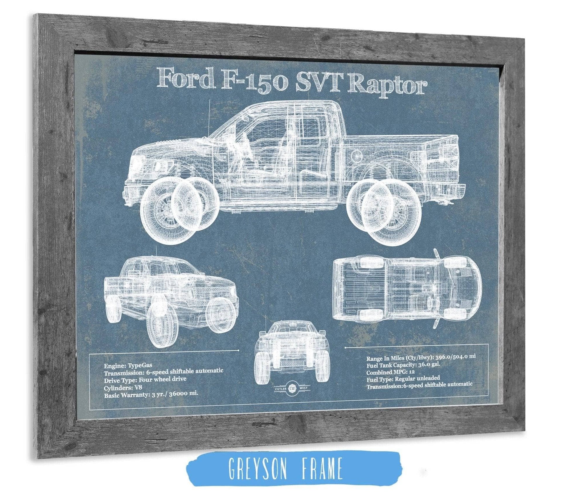 Cutler West Ford Collection 14" x 11" / Greyson Frame Ford F-150 SVT Raptor Truck Vintage Blueprint Auto Print (2011) 833110090