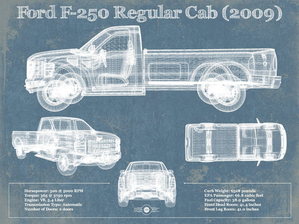14" x 11" / Stretched Canvas Wrap Cutler West Ford F-250 Regular Cab (2009) Blueprint Vintage Auto Print