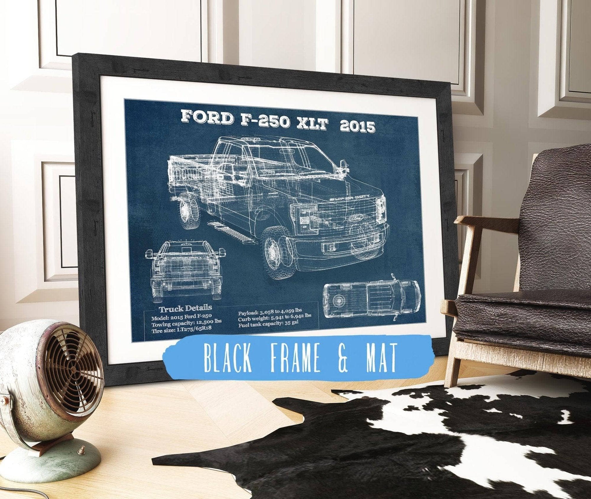 Cutler West Ford Collection 14" x 11" / Black Frame & Mat Ford F-250 XLT (2015) Vintage Blueprint Auto Print 845000170_59827