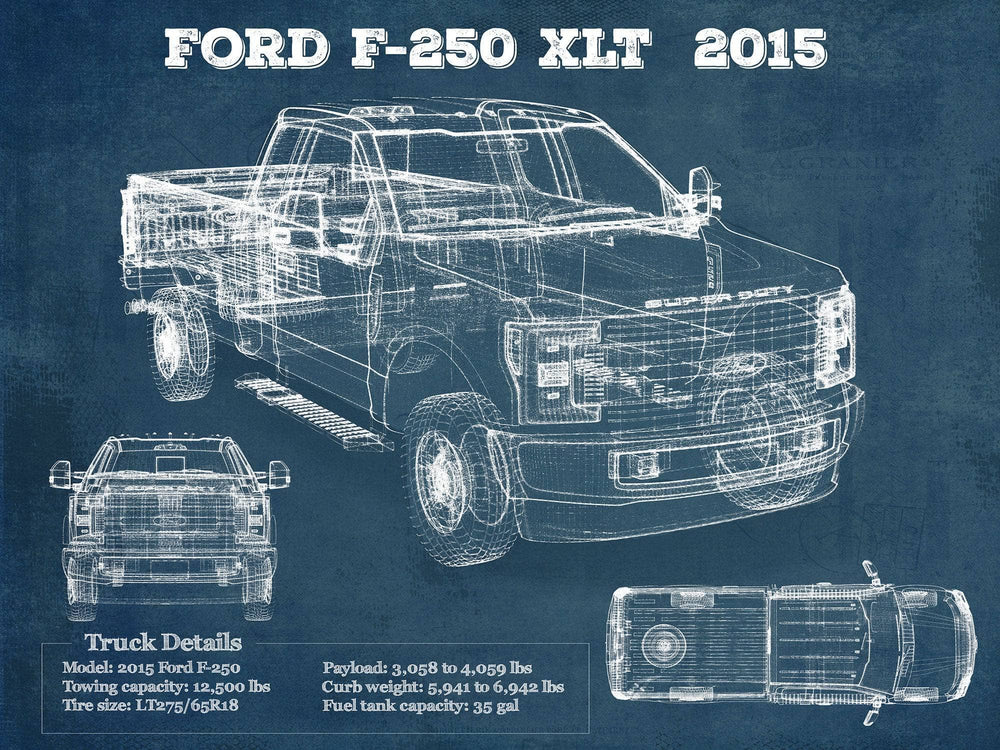 14" x 11" / Stretched Canvas Wrap Cutler West Ford F-250 XLT (2015) Vintage Blueprint Auto Print