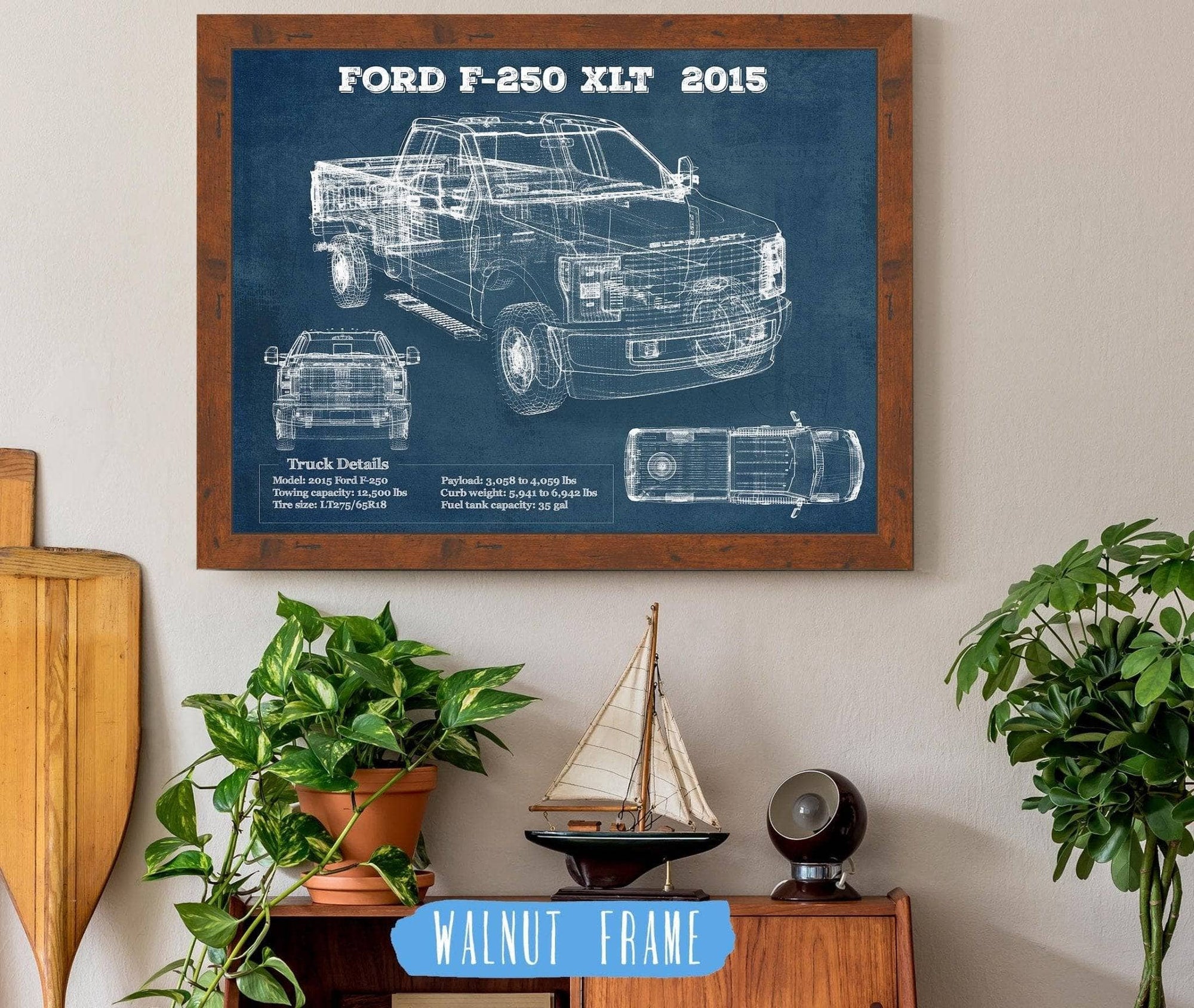 Cutler West Ford Collection 14" x 11" / Walnut Frame Ford F-250 XLT (2015) Vintage Blueprint Auto Print 845000170_59828