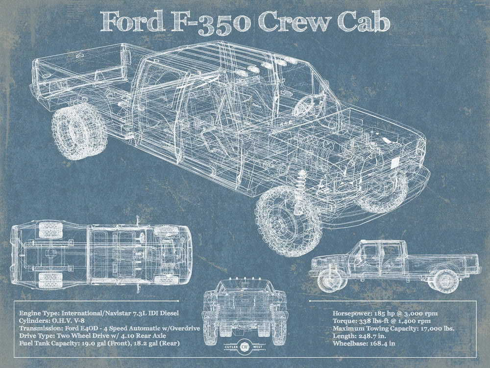 14" x 11" / Stretched Canvas Wrap Cutler West Ford F-350 Crew Cab Vintage Blueprint Auto Print