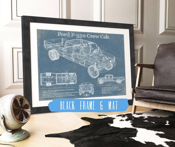 20" x 16" / Black Frame & Mat Cutler West Ford F-350 Crew Cab Vintage Blueprint Auto Print
