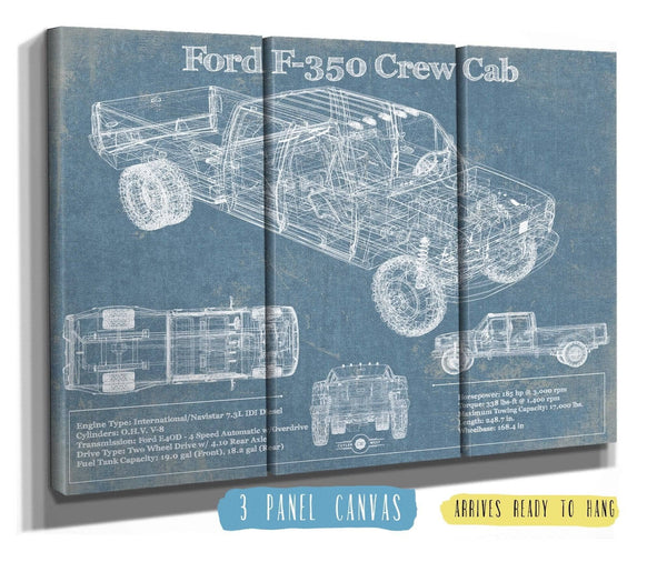 36" x 24" / 3 Panel Canvas Wrap Cutler West Ford F-350 Crew Cab Vintage Blueprint Auto Print
