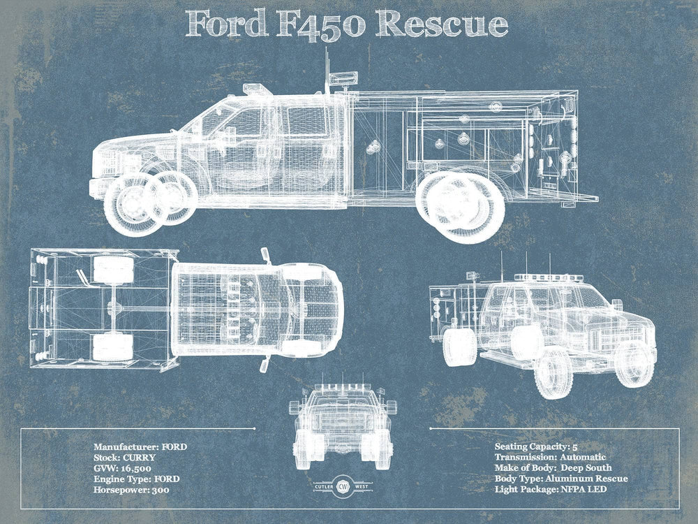 14" x 11" / Stretched Canvas Wrap Cutler West Ford F450 Rescue Vehicle Vintage Blueprint Auto Print