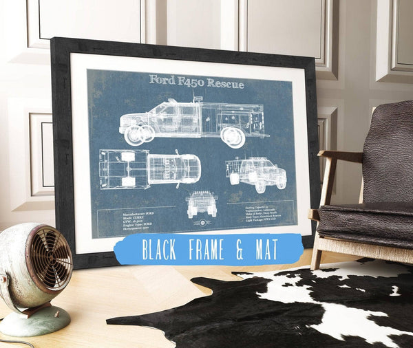 20" x 16" / Black Frame & Mat Cutler West Ford F450 Rescue Vehicle Vintage Blueprint Auto Print