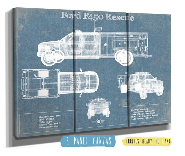 36" x 24" / 3 Panel Canvas Wrap Cutler West Ford F450 Rescue Vehicle Vintage Blueprint Auto Print
