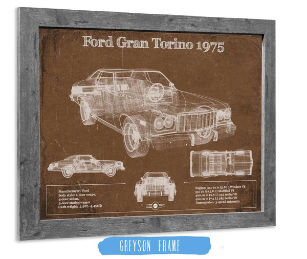 14" x 11" / Greyson Frame Cutler West Ford Gran Torino 1975 Blueprint Vintage Auto Print