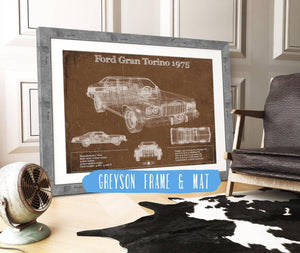 14" x 11" / Greyson Frame & Mat Cutler West Ford Gran Torino 1975 Blueprint Vintage Auto Print